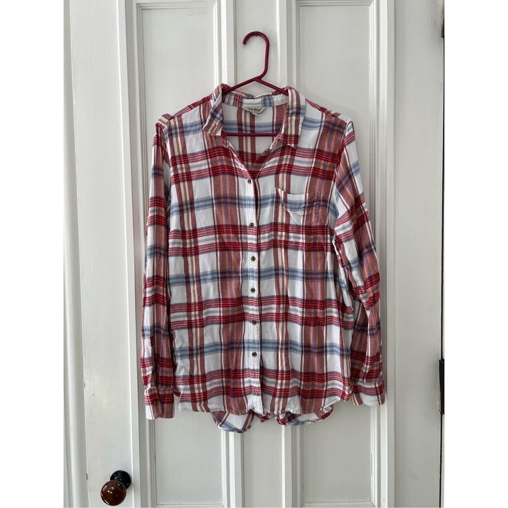 Luck Brand lightweight cream maroon, orange flannel plaid button down shirt L